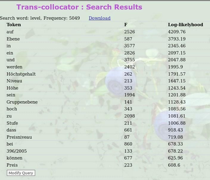 Figure 17 Trans-collocator: search results for the English word strong in DGT-Acquis *** The other tools included in the TextHammer package are all quite straightforward and do not require any