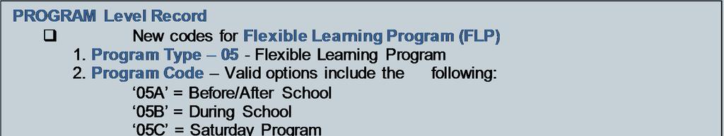 PROGRAM LEVEL FLEXIBLE LEARNING PROGRAM Do not have to report the