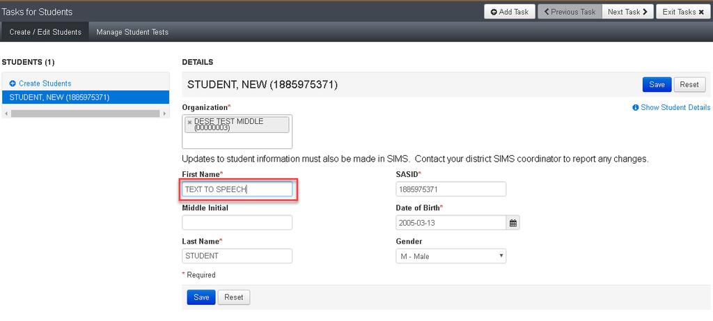 4. Recommended: Rename the student so that the accommodated test is easier to find.