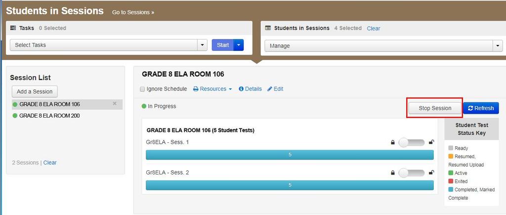 Once all students in a Ready status have been removed, or are in a Completed or Marked Complete status, select the Stop Session button on the Students in Sessions page. XI.