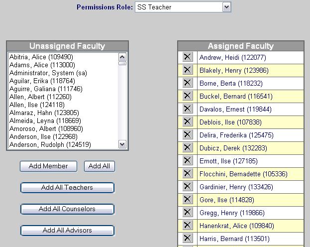 Choose SS Teacher from the Permissions Role: menu. The bottom portion of the screen will show faculty names. The teachers in the Assigned Faculty list already have Profile permissions.