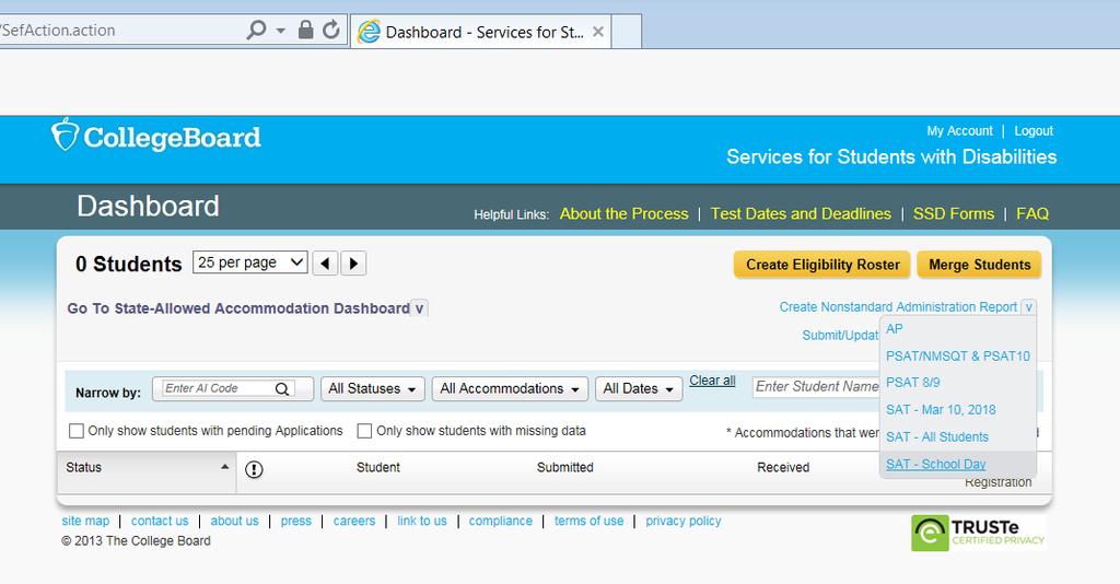 NAR - SAT Managing Students on the NAR The SSD Coordinator will run the NAR from the SSD Online Dashboard.