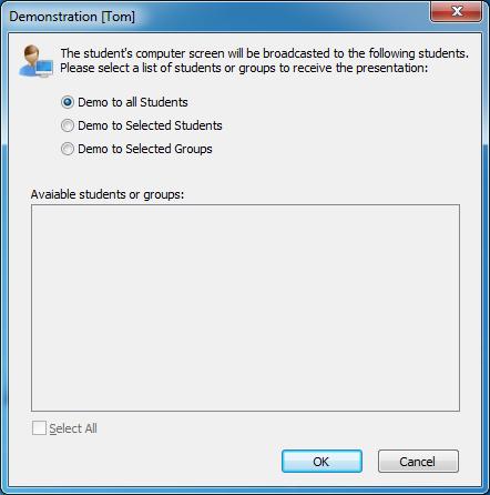 To Launch Student Demonstration 1. Choose the student to demonstrate in class model, click Student Demonstration to pop out a dialog as below: 2.