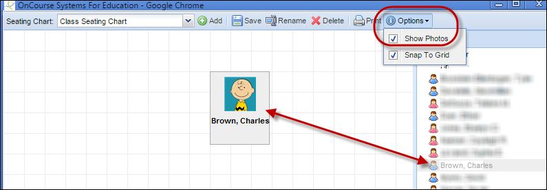 Click and drag a name from the right list into the seating chart grid on the left. There is no autofill option. Students who have been placed on the chart will be grayed out on the student list.