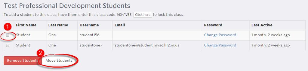4. To move students from one class to another, check the name(s) of the student(s) to be