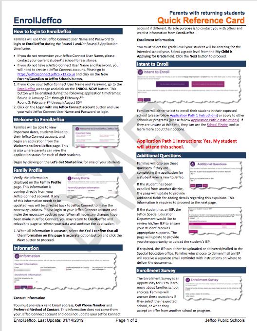 Parent Reference Guide A 2 Page Reference Guide for Families is available on the EnrollJeffco