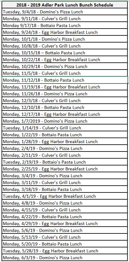 2018-2019 AFA LUNCH BUNCH Served on Mondays (or Tuesdays for Monday holiday weeks) throughout the