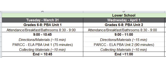 Thursday - April 2 Grades 6-8: PBA Unit 3 Attendance/Breakfast/Bathrooms 8:30-9:00