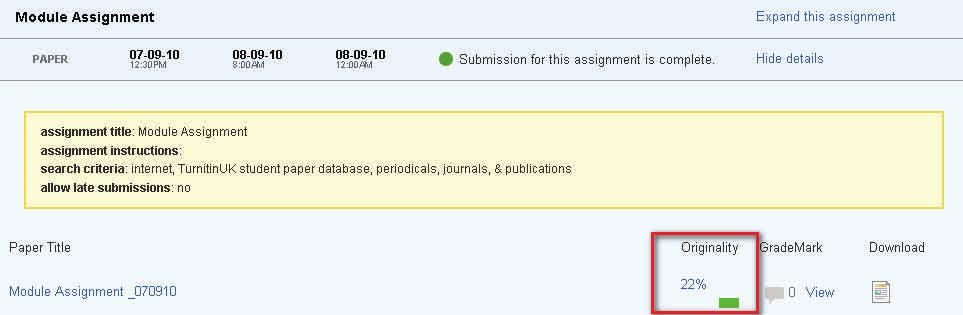 Note the Resubmit button - this is because Point 4 Generate originality reports for student submissions (p6) the following option was chosen Immediately (Can overwrite reports until due date).