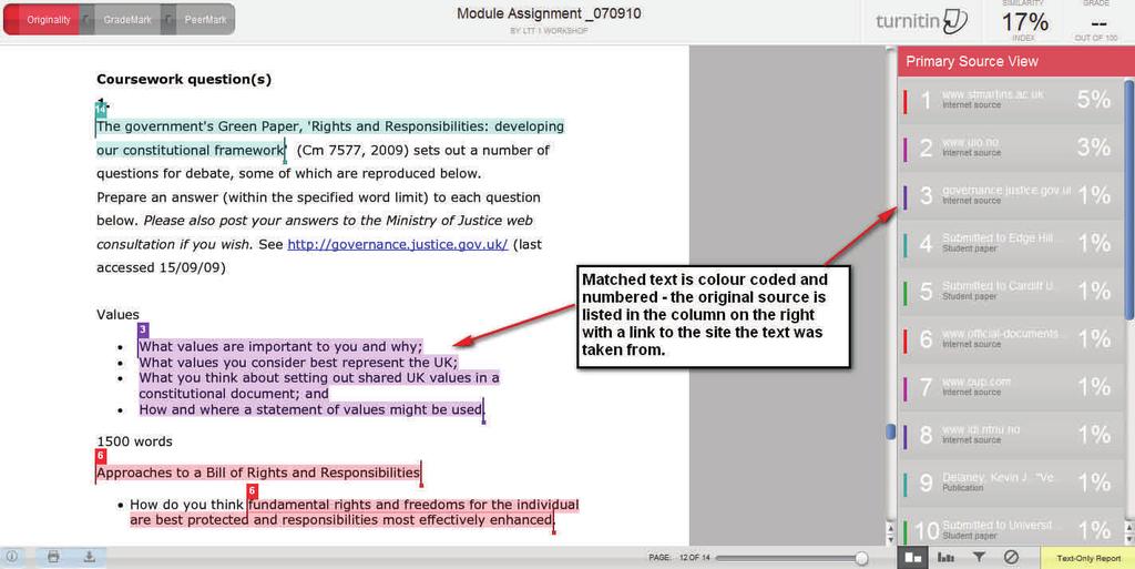 By default, the text of the essay will appear on the left hand side of the screen, and any matches will be highlighted in the relevant colour on right hand side of the screen.
