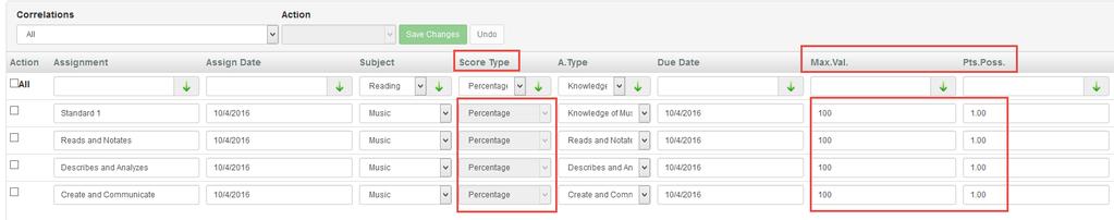 Review Score Type, Max Value & Points Possible Columns for Each Class & Assignment Change pages or increase Page Size, if necessary, to view all assignments.