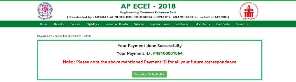The confirmation of successful payment of Registration Fee is shown with the Transaction is successful message along with Payment ID.