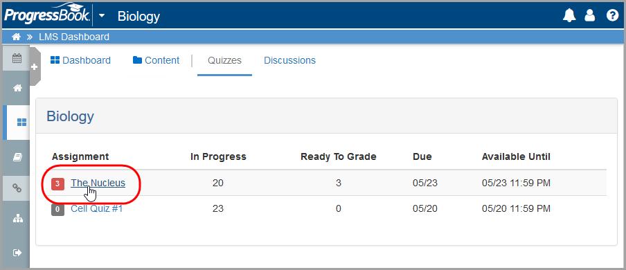 1. On the Dashboard, on the course with the activity you want to grade, click Grading. Grading The Quizzes screen displays with a list of assignments.