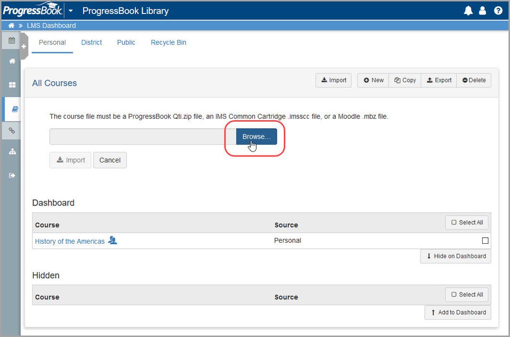These types of courses may have been exported from another LMS (Learning Management Software). 1. In the side navigation menu, click (Library). 2.