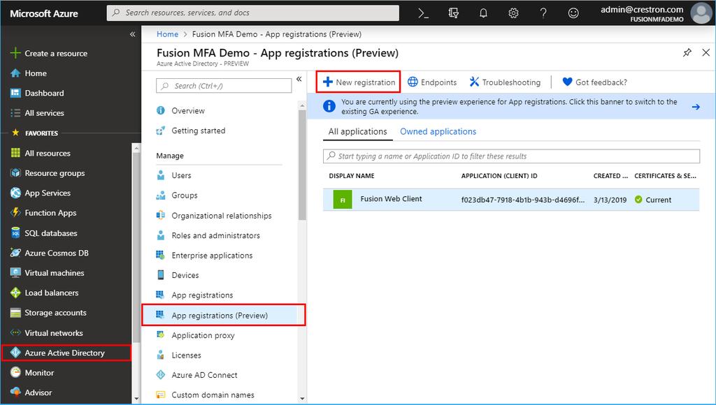 Select App registrations (Preview) from the Azure widget menu. 5.