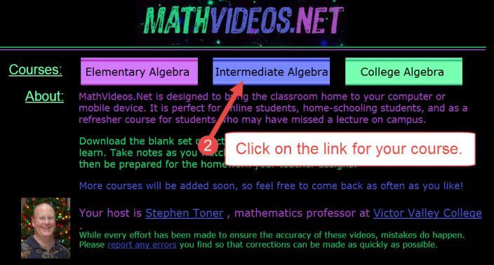 LECTURE NOTES AND VIDEOS First, you will want to go to www.mathvideos.net, my video website, and click on the Intermediate Algebra button.