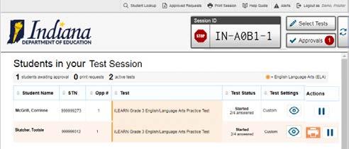 9. Monitor the students progress throughout the practice tests. Students test statuses appear in the Test Status column of the Students in Your Test Session table.