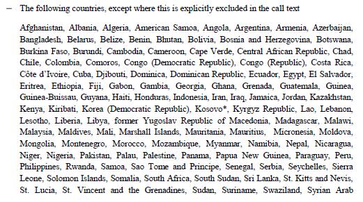 Countries: Not MS / Not AC Eligible to receive funding: the ones established in Annex A WP2016/2017.
