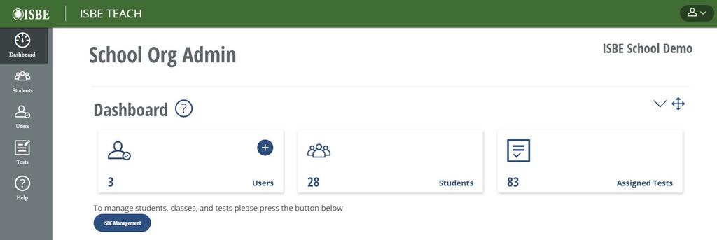Dashboard: Org Admin (School Level) Summary count of users, students,