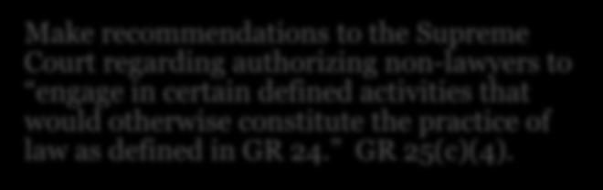 GR 25 (2001) Investigate allegations of the unauthorized practice of law Established the Practice of Law Board (POLB) and its powers, including to: Issue advisory opinions about authority of