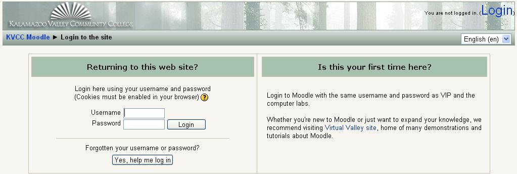 Log in using your VIP user name and password. Entering the course When you first access Moodle you will see the front page.