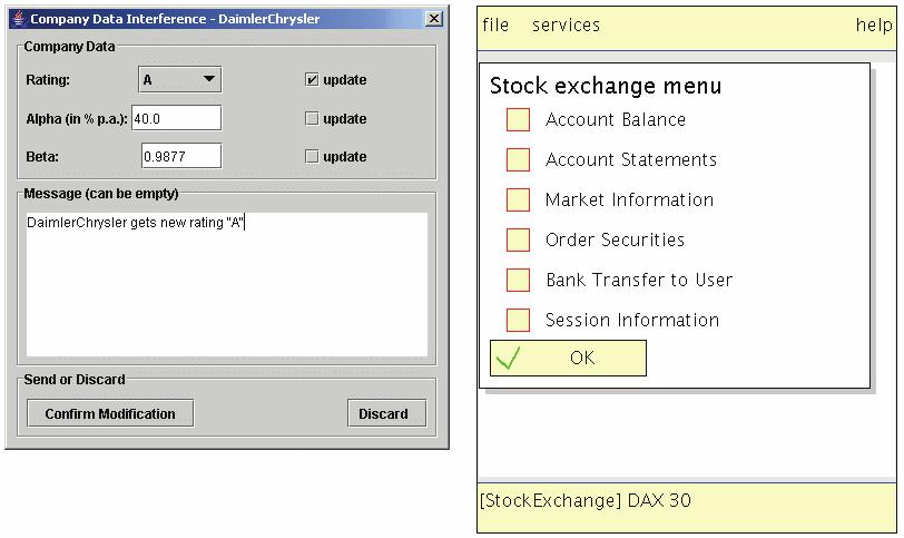 Figure 3: Left: Company interference menu for DaimlerChrysler. Right: Client menu of the simulation.