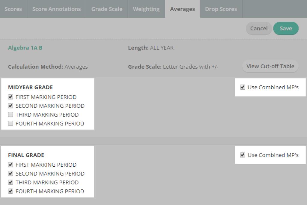 Use Combined Marking Periods When you combine marking periods, you can set category weights and column weights that affect averages without regard for individual marking periods.