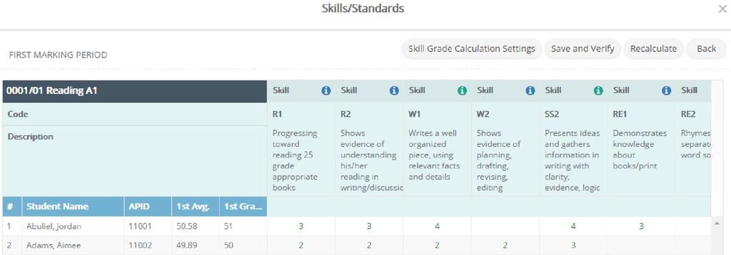 9.2 Enter Skill Grades With TeacherPlus Gradebook, you can use the Skills/Standards dialog box to manually enter skill grades into your gradebook. To enter skill grades, do the following: 1.