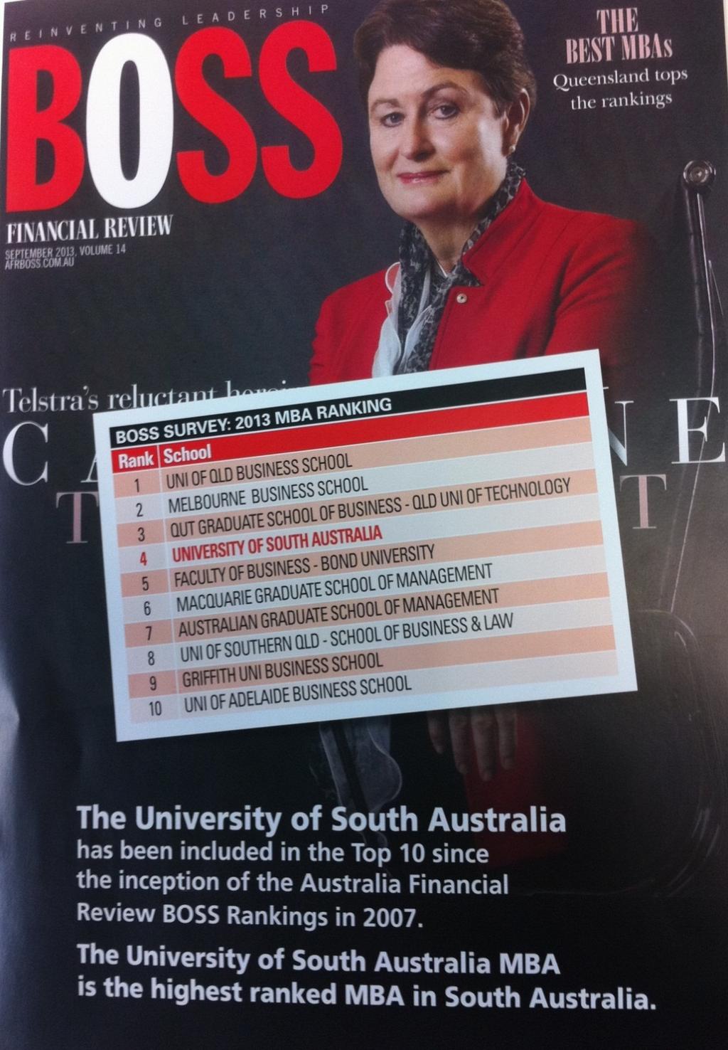 UniSA 5-Star MBA Ranked 5-star for six consecutive years by the Graduate Management Association of Australia published in the 2014 Good Universities Guide Australian Financial Review BOSS magazine's
