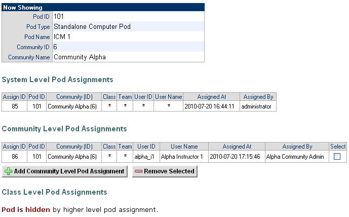 After selecting Add Assignment, the pod assignment to instructor alpha_i1 is displayed.
