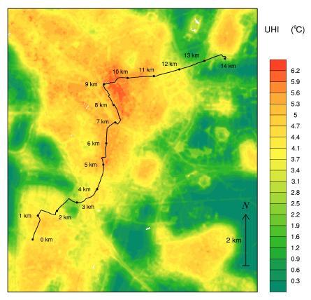 Results of the UHI modeling Figure 10: Spatial distribution of the maximum nighttime UHI intensity for the city of