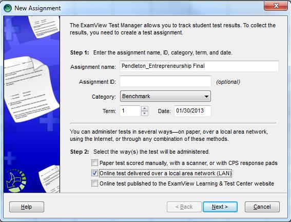 Step 2: Choose the Online test delivered over a local area network (LAN) option to identify how you will administer the test. Click the Next button.