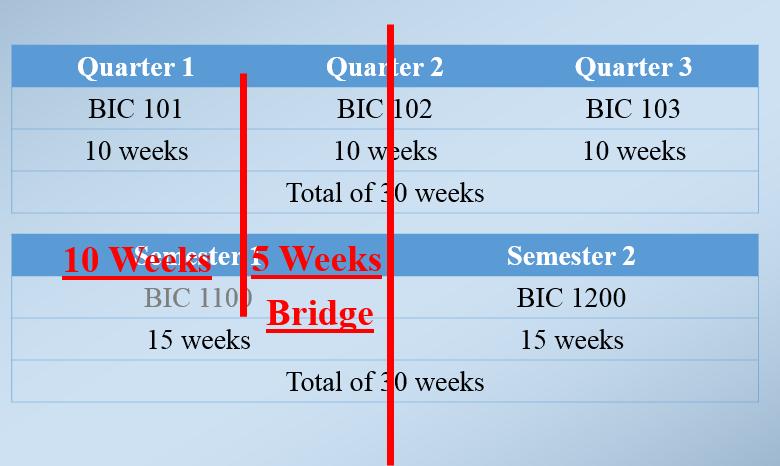 IF the student only takes the first quarter The student needs to take a bridge course before enrolling in the second