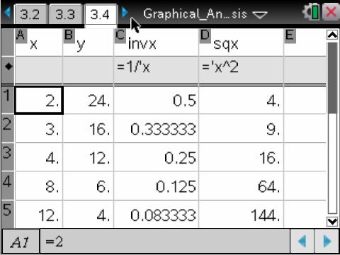 190 Graphical Analysis SCIENCE NSPIRED 7. To see the graph of y vs. x 2, students should move the cursor to the x-axis label on the Data and Statistics graph on page 2.3 and choose sqx.