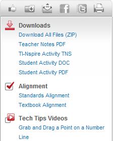 224 Online Resources TI PROFESSIONAL DEVELOPMENT Step 3: Select an activity from the list. The activity page shows math objectives, relevant vocabulary, and additional information about the lesson.
