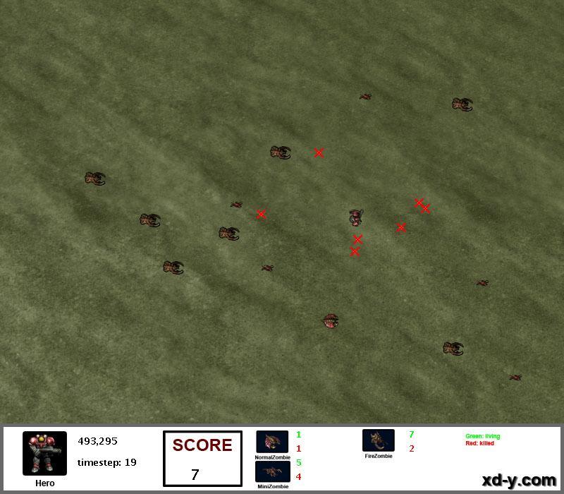Figure G.3: The Crimsonland world, showing various types of enemy surrounding the player, as well as several dead zombies (marked by a red X).