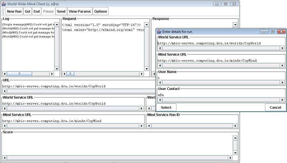 Figure 4.3: The W2M 1.0 client interface, a Java AWT program written to initiate and manage runs of mind services in a world service.