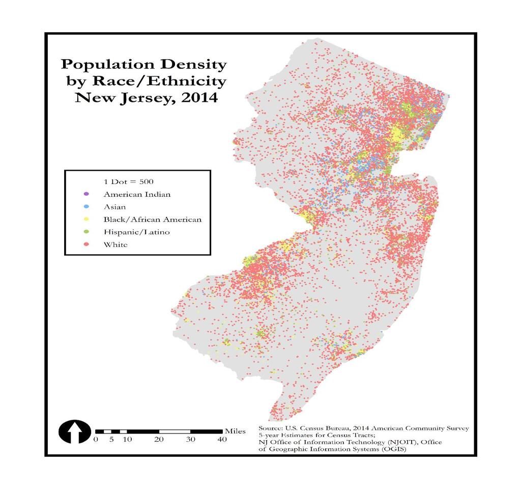 segregated in the more urban areas of NJ, the white and Asian populations have isolated themselves in many of the suburban and rural areas across the state.