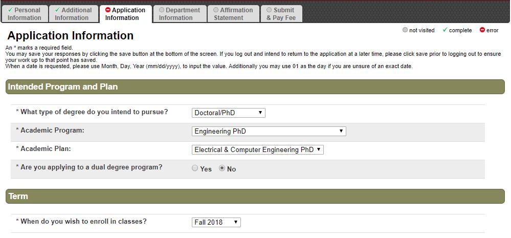 Completing Graduate School eapp Application Information tab