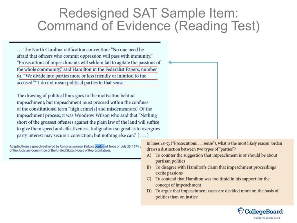 Some questions may look very much like the questions on the current SAT: i.e., testing reading comprehension through asking questions about the passage.
