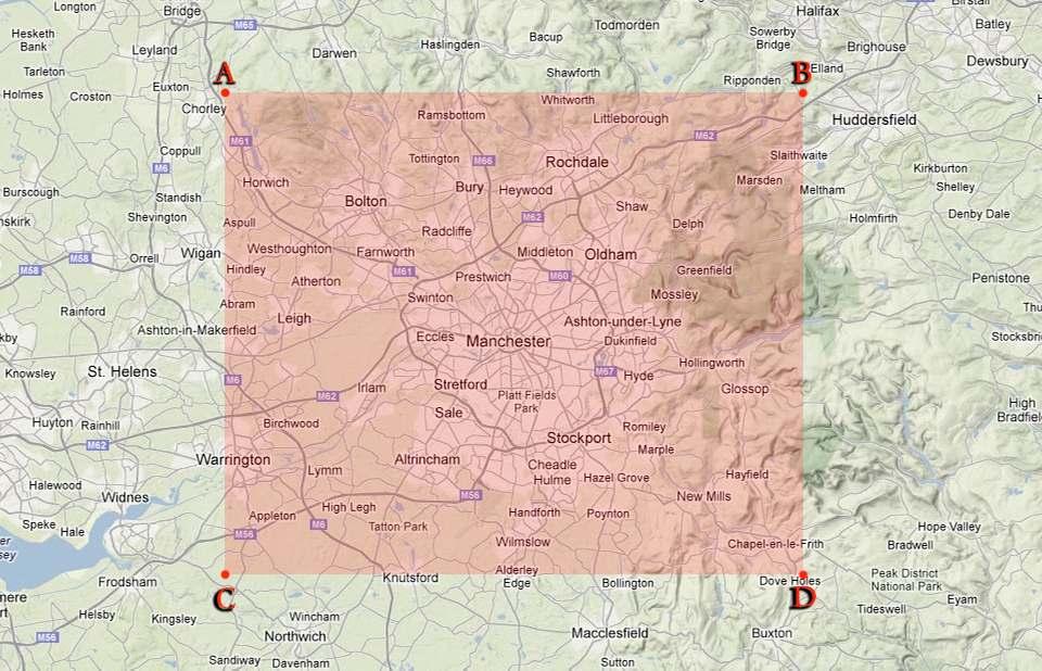 Map (1): Greater Manchester Area Point Latitude Longitude A 53.665575-2.605716 B 53.665575-1.875812 C 53.304806-2.605716 D 53.304806-1.