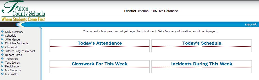Initial Page Single Student or After Selecting a Student Daily Summary page accessible from the menu bar