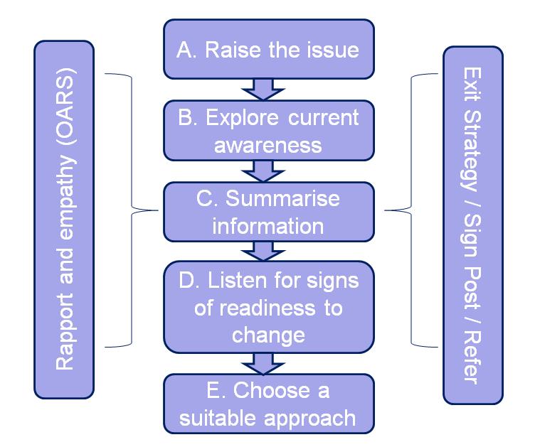 B. Discussion Flow Chart Fig 1. Discussion Flow Chart: Five boxes in the main part of the diagram. From top to bottom: A. Raise the Issue, B. Explore current awareness, C. Summarise information, D.