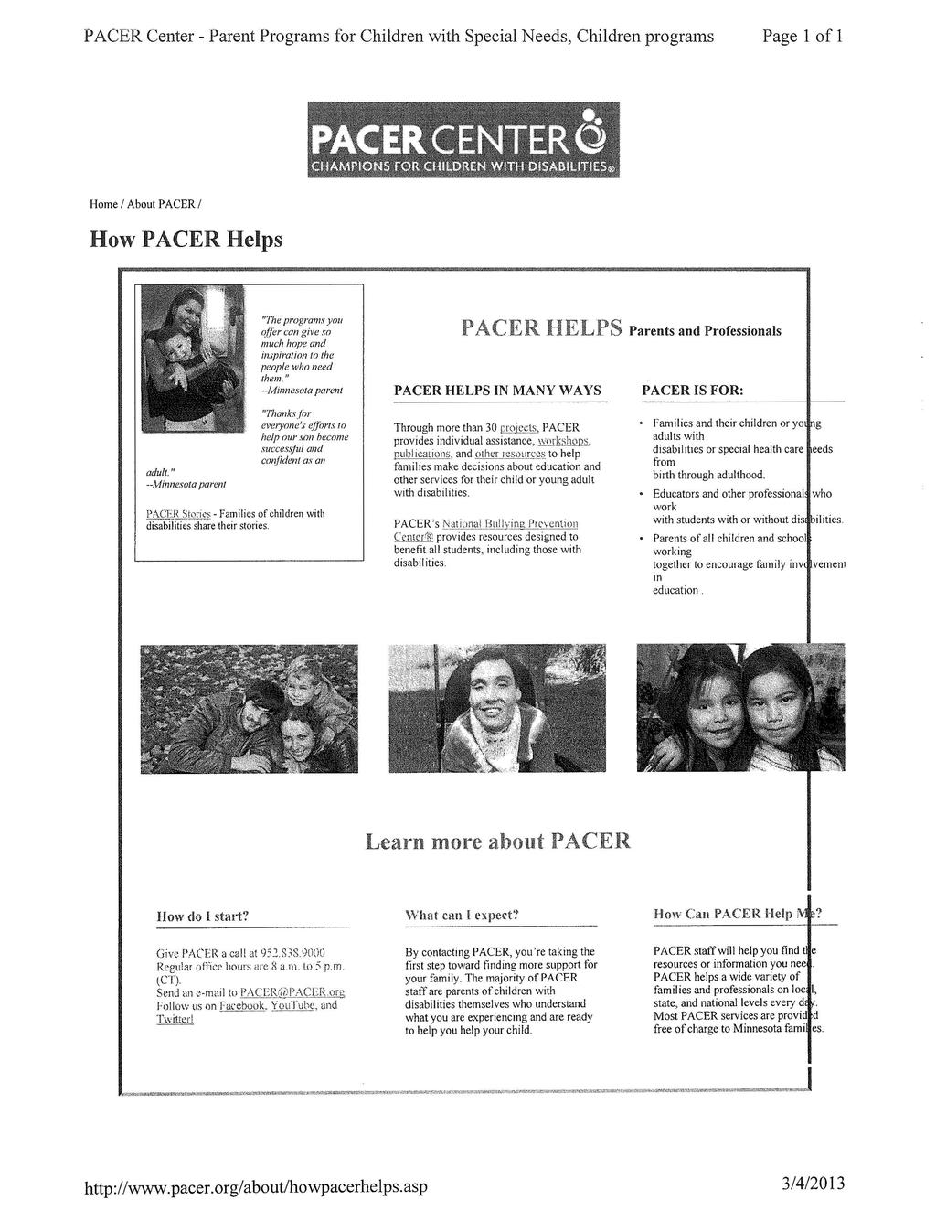 PACER Center- Parent Programs for Children with Special Needs, Children programs Page 1 of 1 Home I About PACER I How PACER Helps adult.