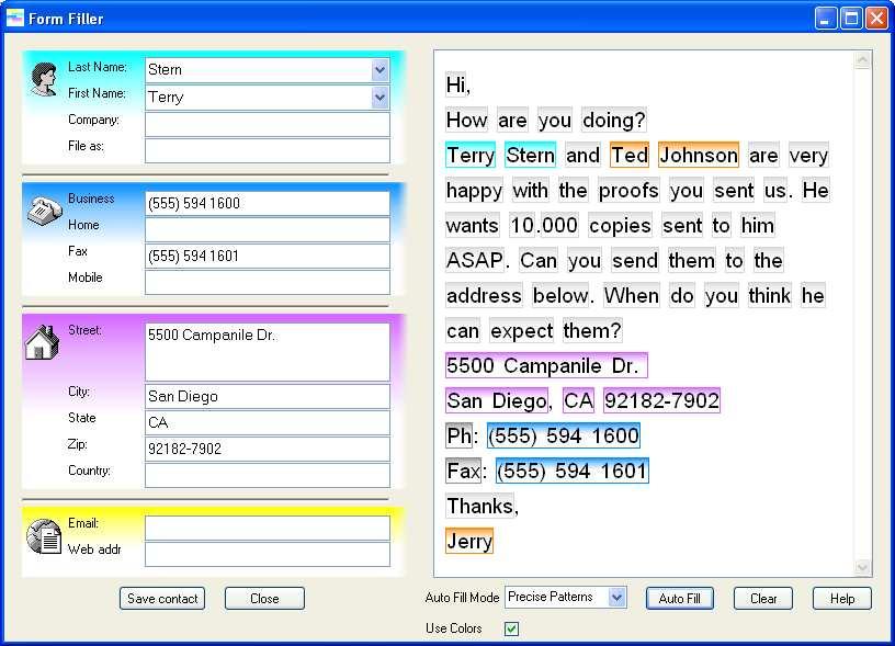 Fig. 2. A user interface for entry of contact information. The user interface relies on interactive information extraction.