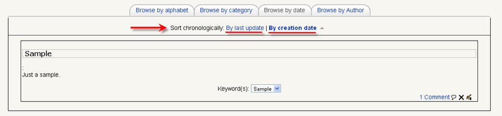 Once you have entered the Browse by date option you can search entries either By last update or By creation date. These options are found behind the phrase Sort chronologically.
