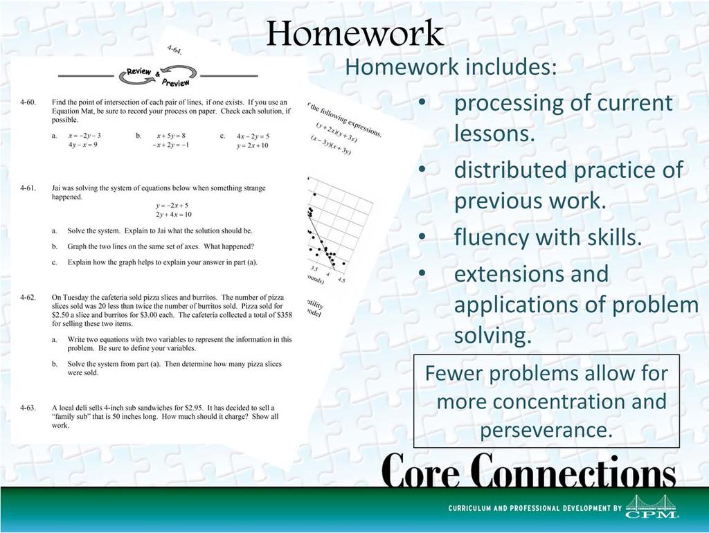Homework assignments are designed to: Offer practice with the day s topic, Include spaced practice to reinforce and deepen the knowledge of