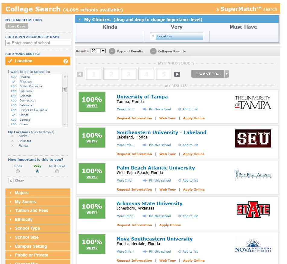 SuperMatch College search lets you enter a variety of criteria and gives you a list of schools that