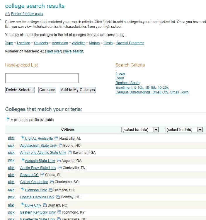 5 When you select show matches, you will be able to sort your college matches by specific criteria:
