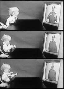 Figure 3. Infants as young as 14 months old imitate actions on objects as seen on TV (from Meltzoff, 1988a). Taken together, these results indicate that infants who are between 1 to 1.
